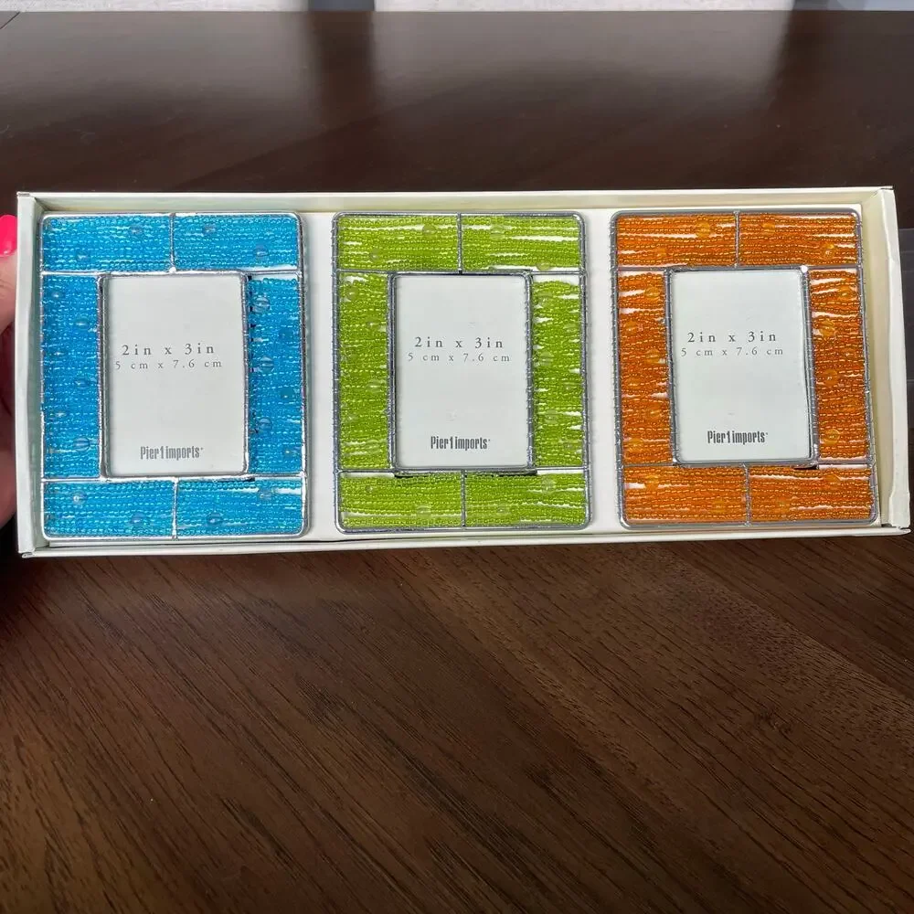 Pier 1 Beaded Picture Frames Lot of 3 Mini Photo Orange Blue Green 2